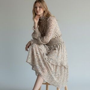 Smocked Waist Floral Midi Dress - Cream Floral